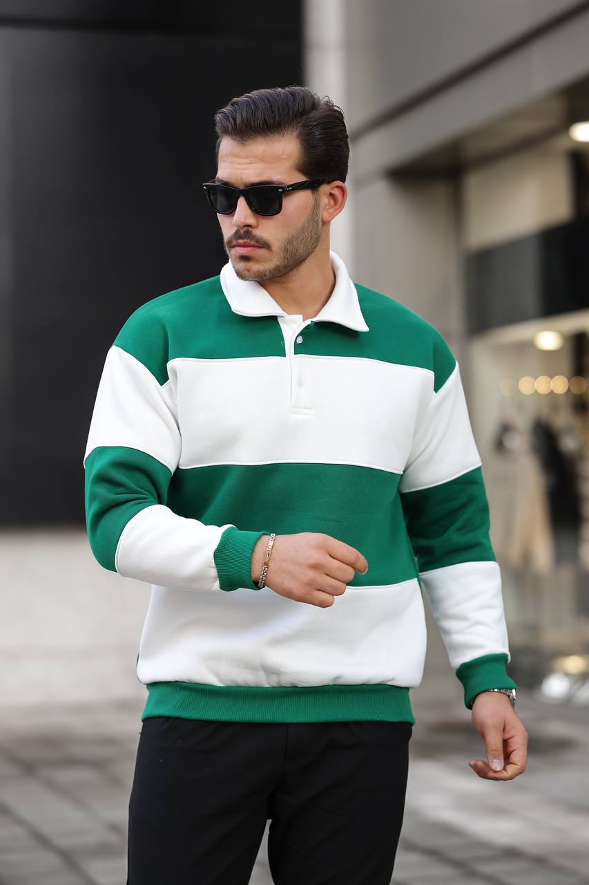 3 İplik Parçalı Polo Yaka Sweat