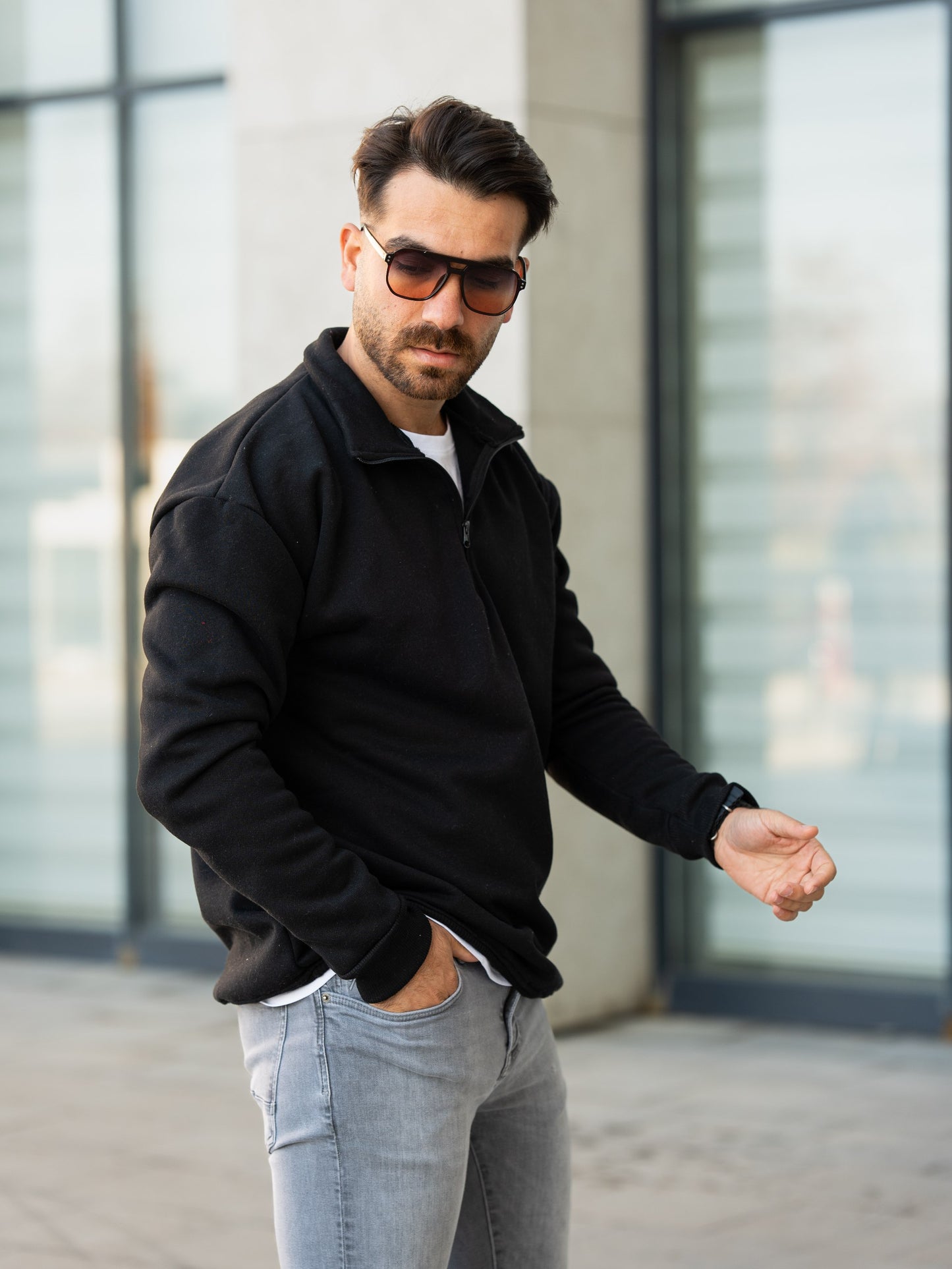 3 İplik Fermuarlı Bato Yaka Sweatshirt