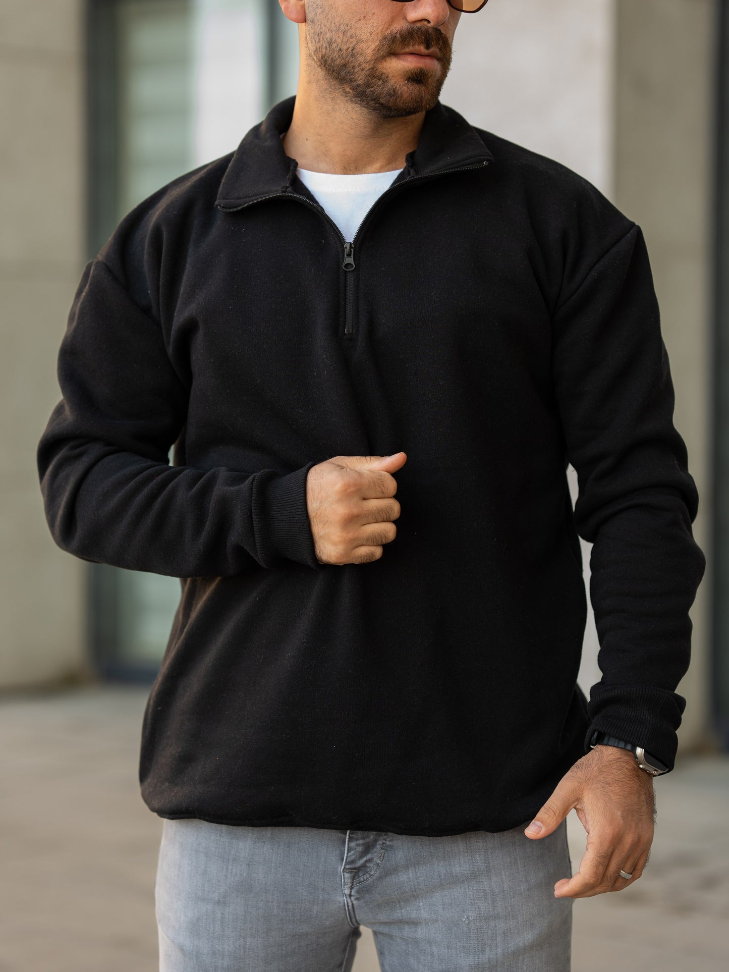 3 İplik Fermuarlı Bato Yaka Sweatshirt