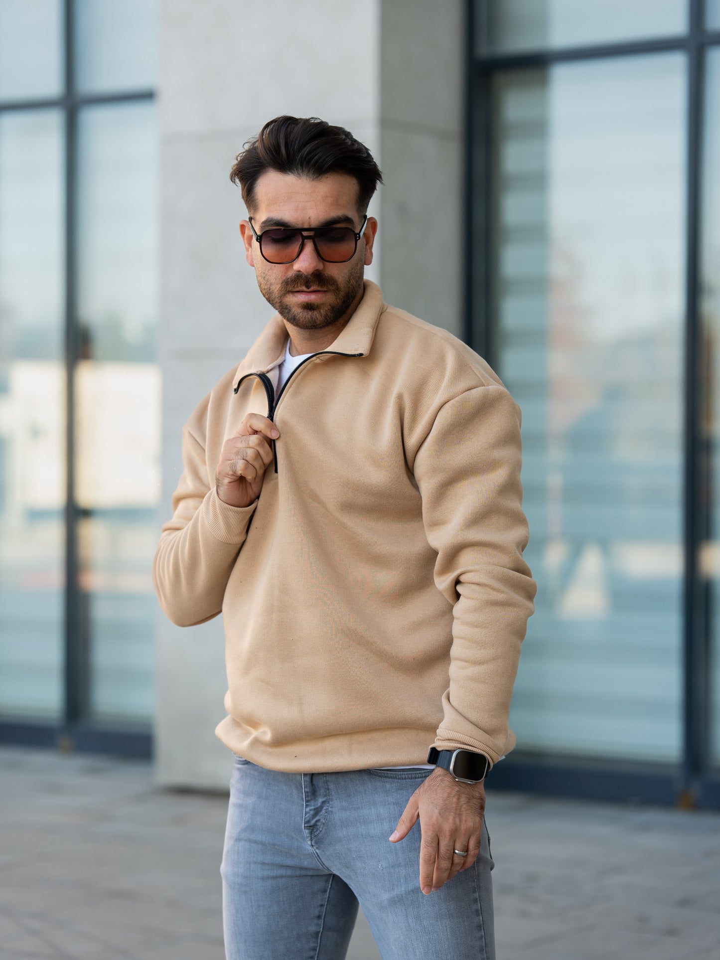 3 İplik Fermuarlı Bato Yaka Sweatshirt