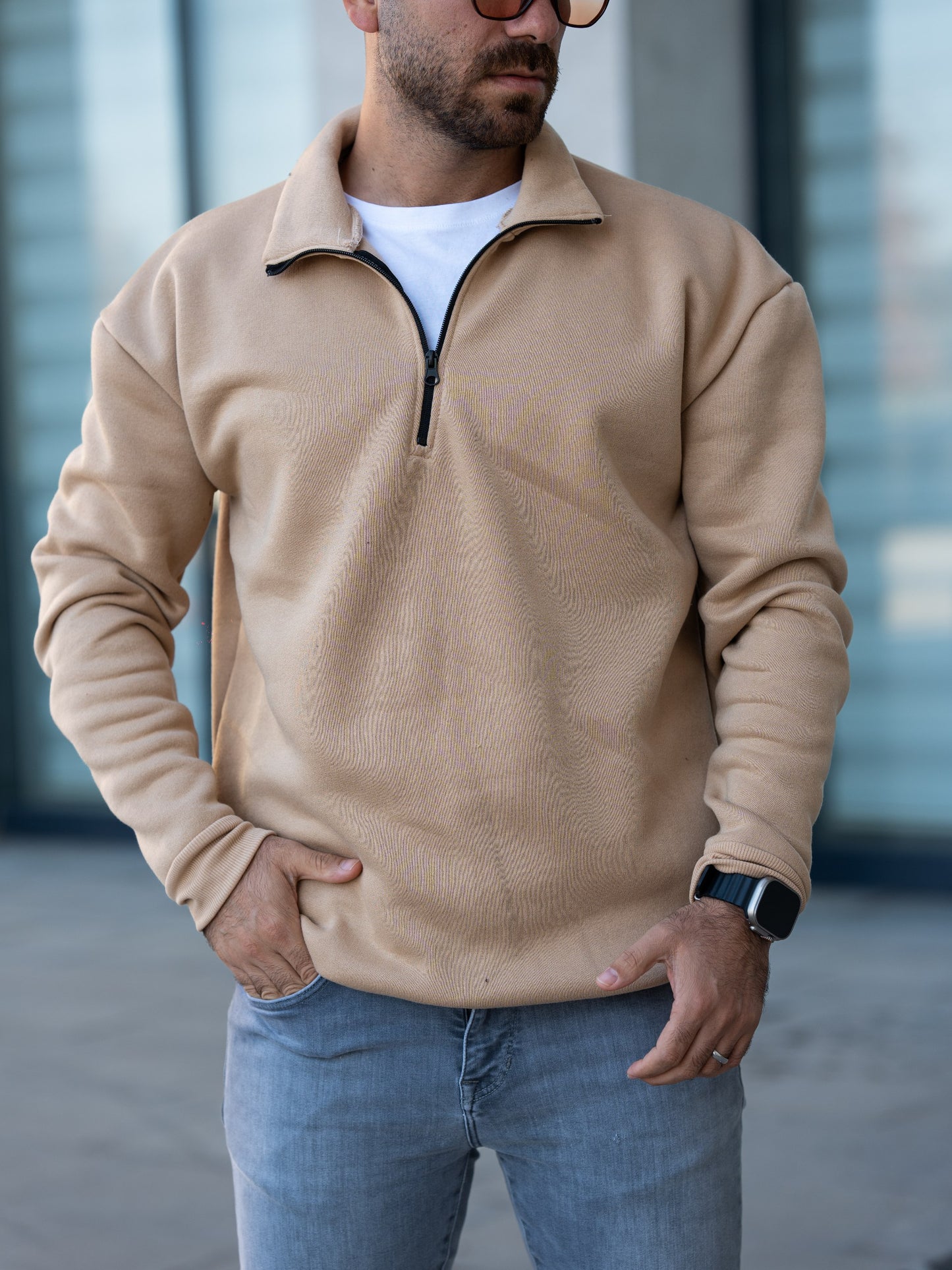 3 İplik Fermuarlı Bato Yaka Sweatshirt