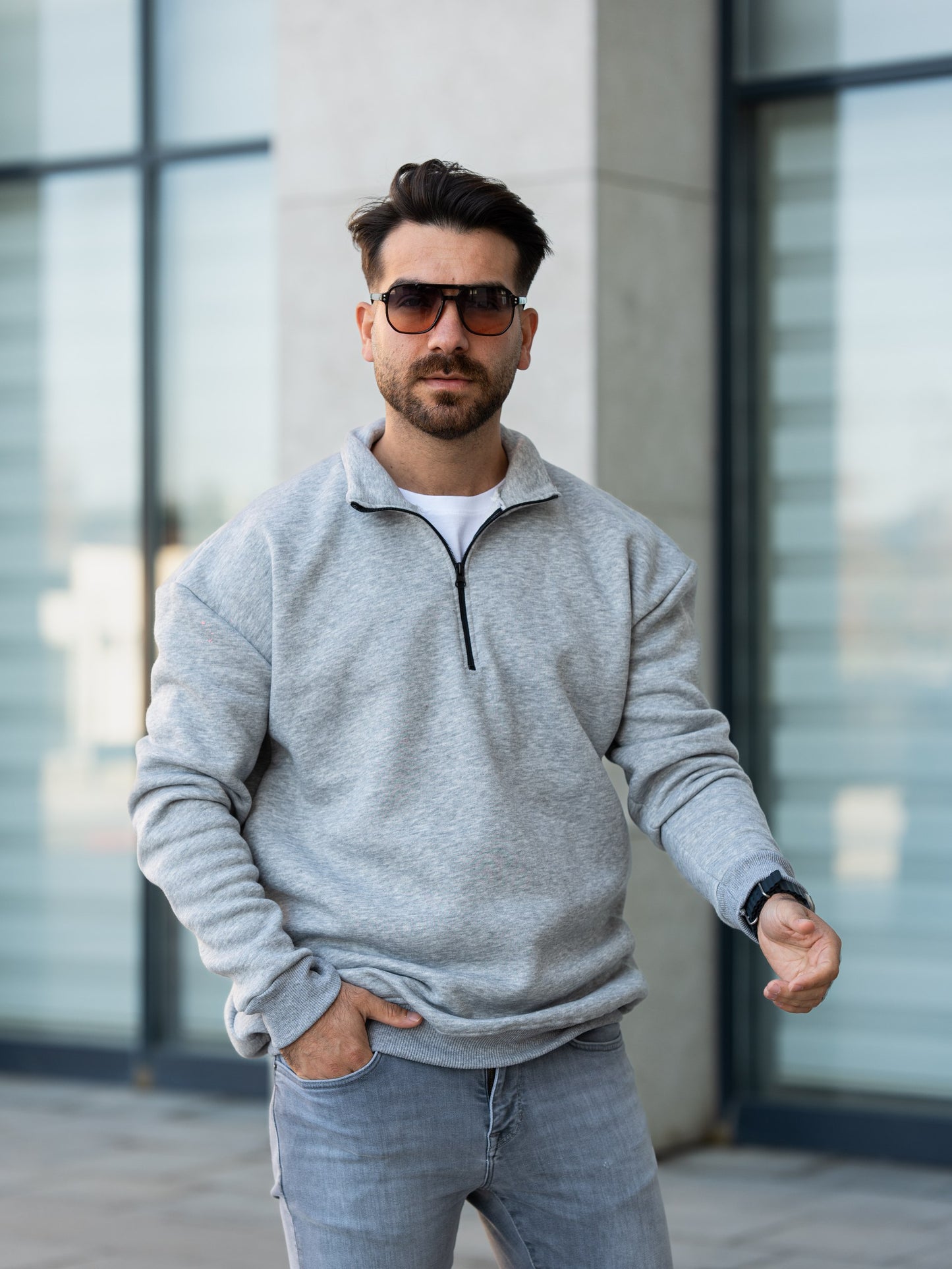 3 İplik Fermuarlı Bato Yaka Sweatshirt