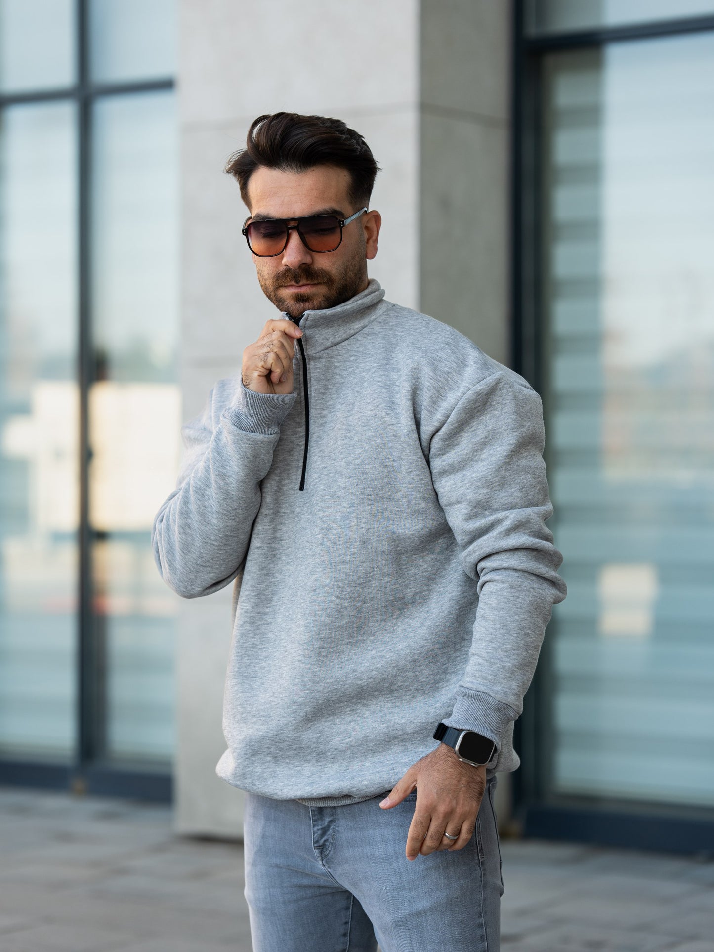 3 İplik Fermuarlı Bato Yaka Sweatshirt